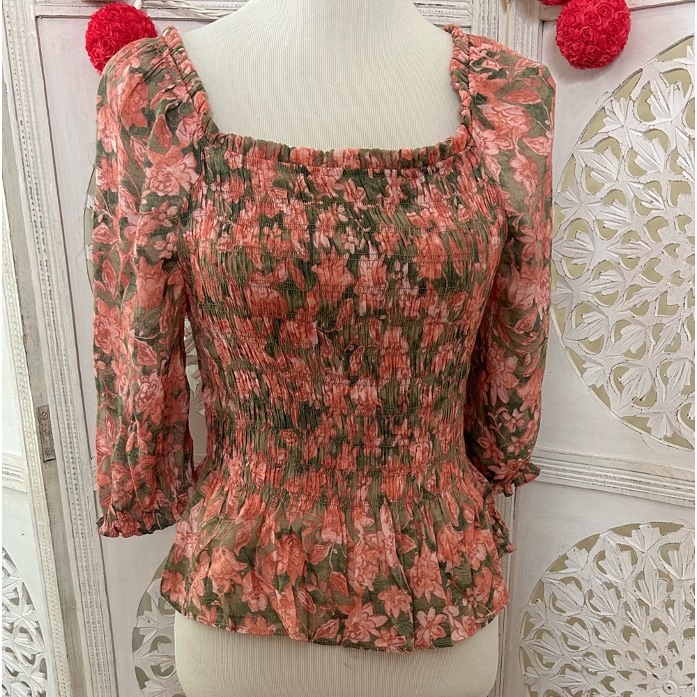 Nanette Lepore Cottagecore Sweet Dainty Floral Smocked Blouse Square Neckline